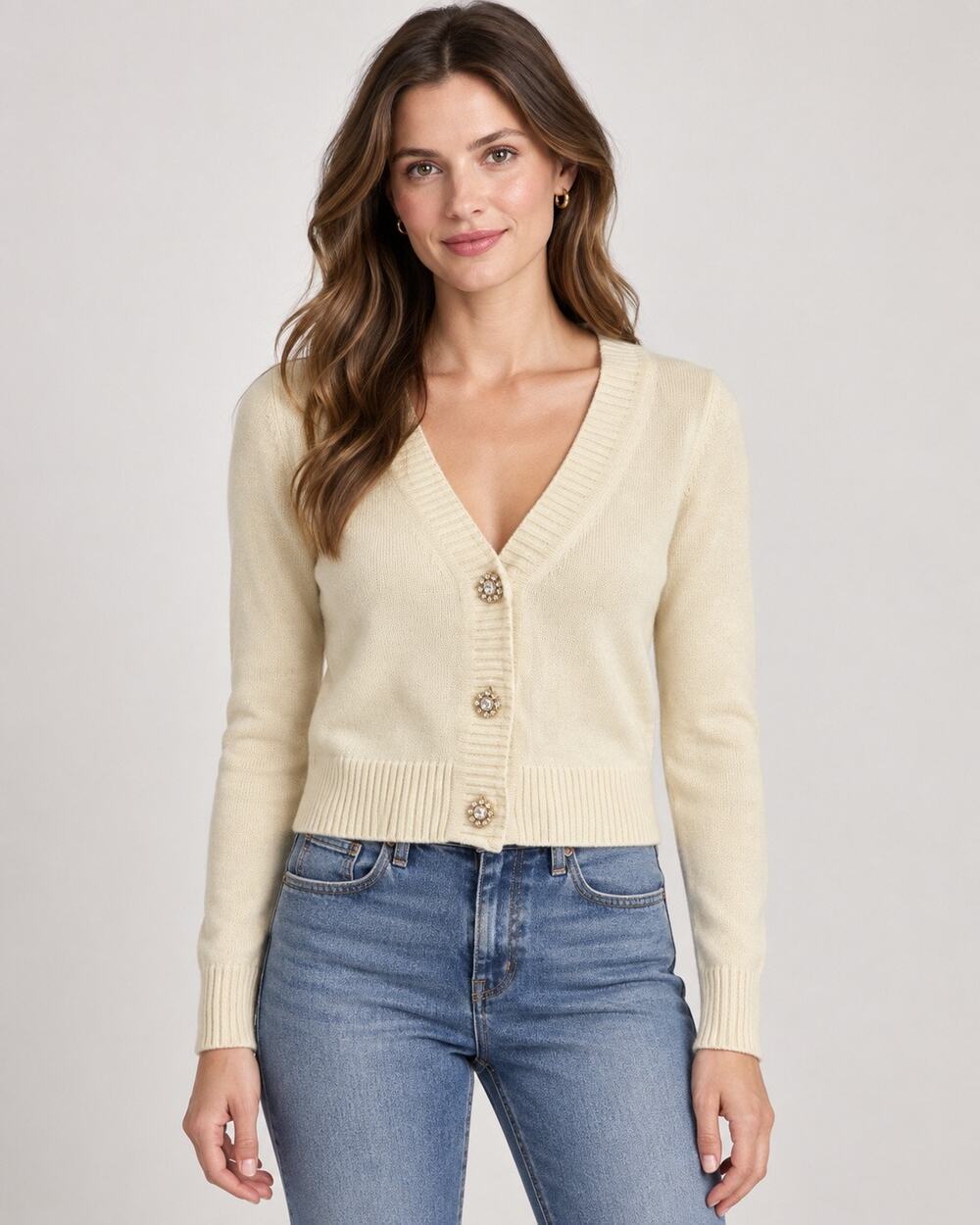 J.Crew Ivory Jeweled Button V-Neck Cardigan Sweater Size Small